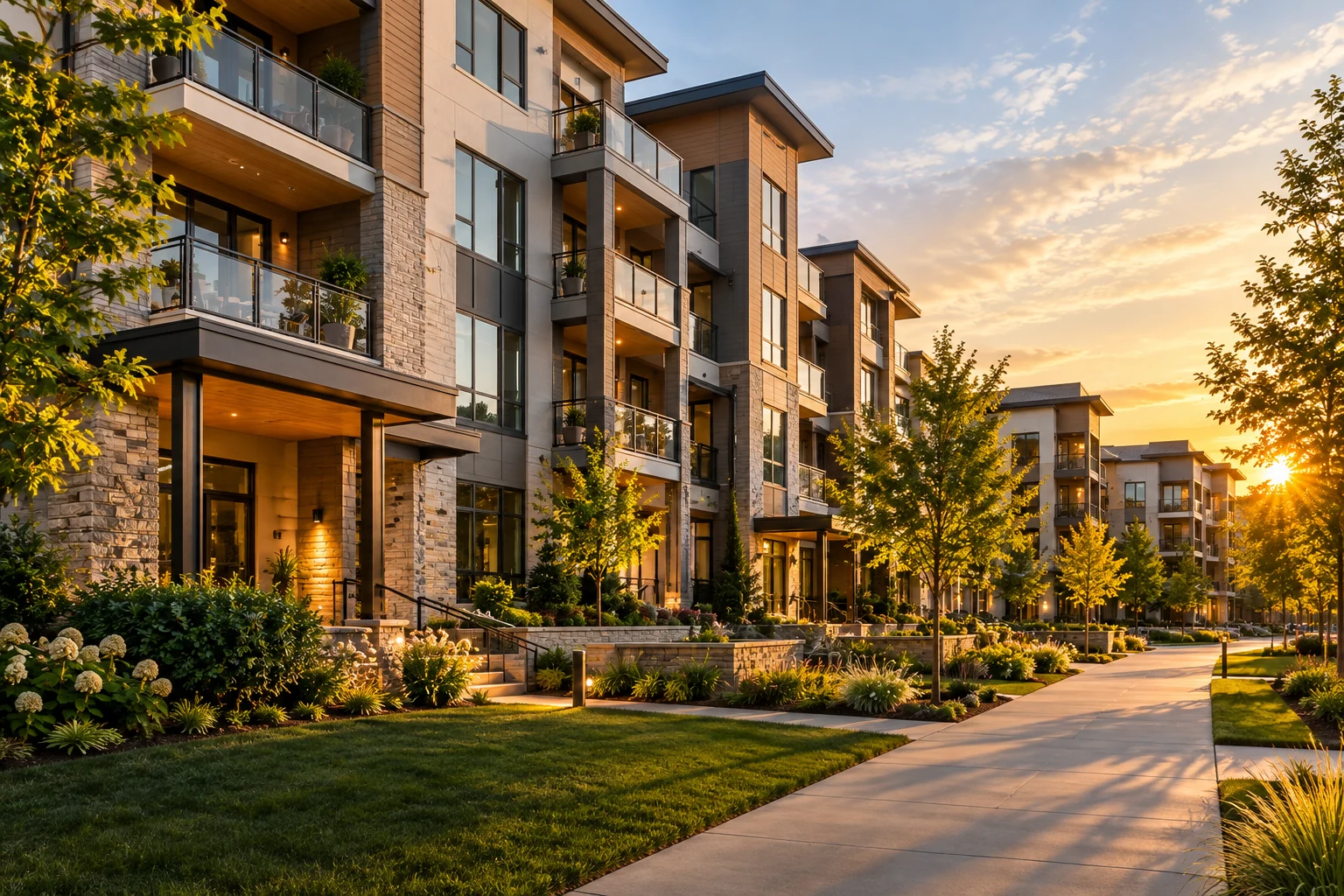 Illustrative modern multifamily apartment community with landscaped pedestrian paths